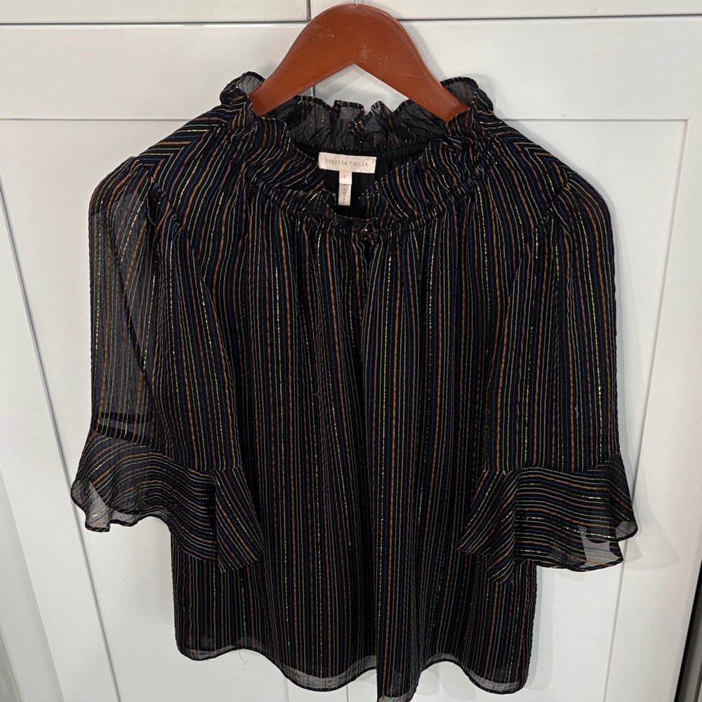 Rebecca Taylor Black Sheer Blouse with Metallic Multi-Color Stripes